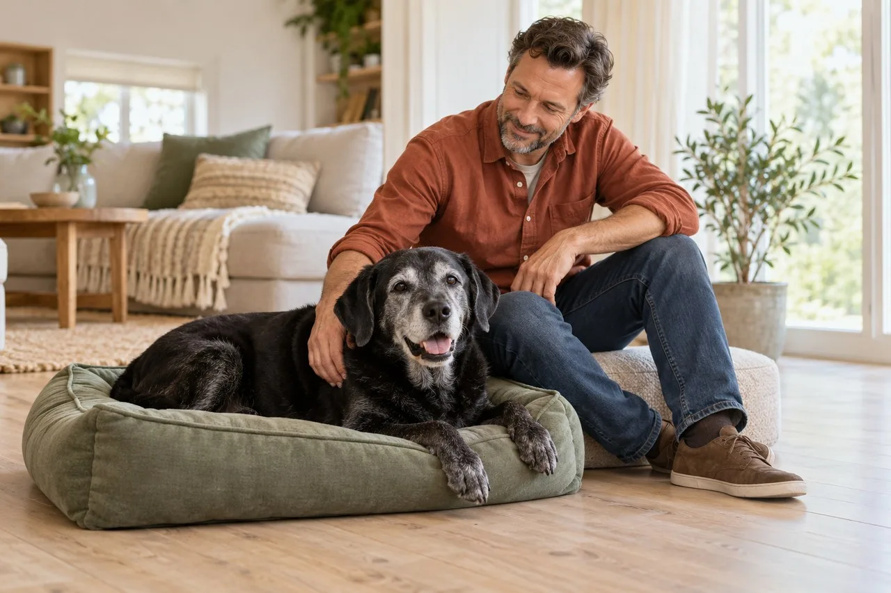 Gray-muzzled black dog on green floor bed beside seated man in bright room