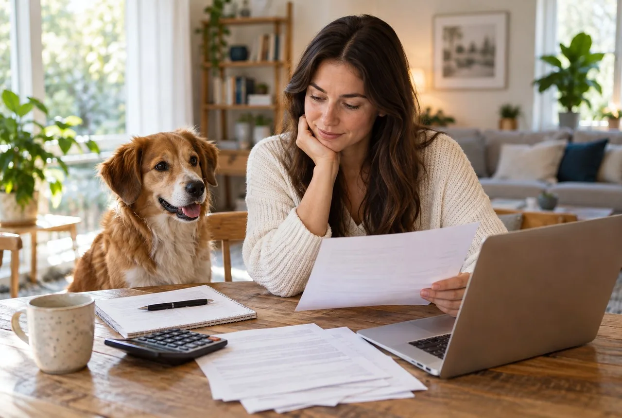 Woman resting her chin on hand while reading papers at table beside a golden-colored dog